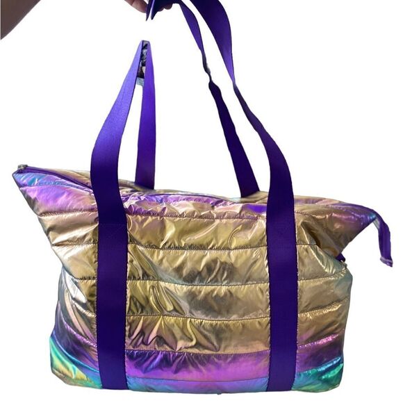 Large Metallic Puffer Tote Weekender w/ Decorative purple Straps - Picture 6 of 16